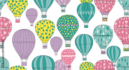 Colorful hot air balloons seamless pattern with assorted designs including hearts and dots floating against a clear white background.
