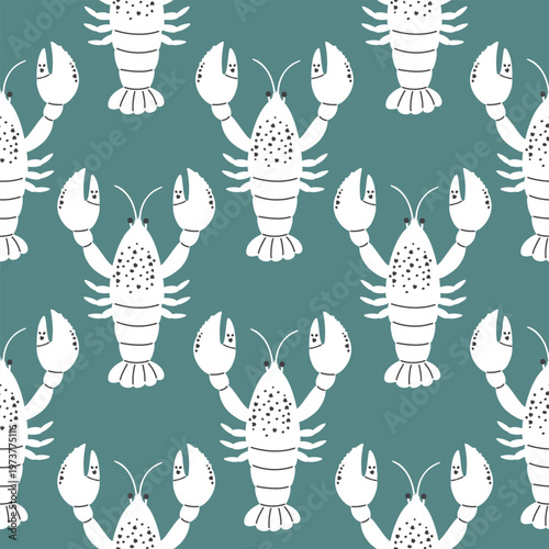 Lobster seamless pattern. White silhouette of a crayfish with black lines and textures. Undersea animal on blue background. Simple endless wallpaper with seafood. Vector print on fabric and paper.