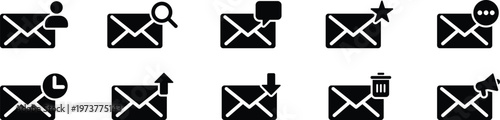 Email icon set with notification symbols, Message envelope collection with alerts and search, Communication mail interface silhouette pack