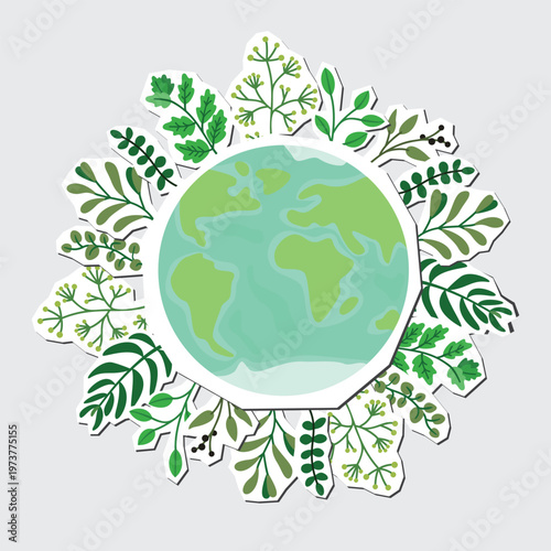 Planet Earth with botanical wreath. Green branches with leaves of various shapes. Cartoon plants and globe with papper cut shapes. Vector design for banner or poster template. Earth Day ecology card.