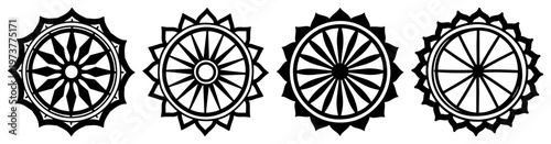Foto Dharmachakra dharma wheel and sun symbol set for spiritual design in bold vector