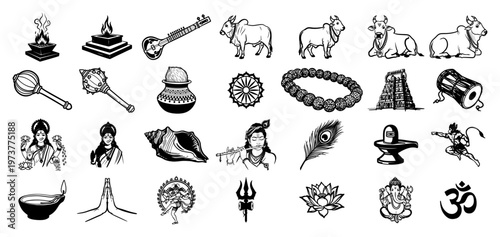Hinduism religious symbols and deities collection including Ganesha and Om in traditional icon style