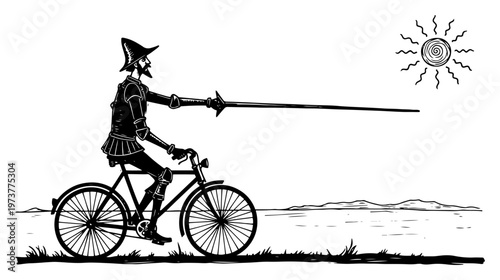 Valokuva Knight in armor riding bicycle and holding jousting lance in hand drawn sketch s