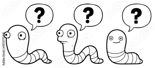 Canvastavla Confused cartoon worms with question marks in speech bubbles doodle style