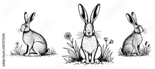 Wild hares sitting in grass with flowers hand drawn engraving style