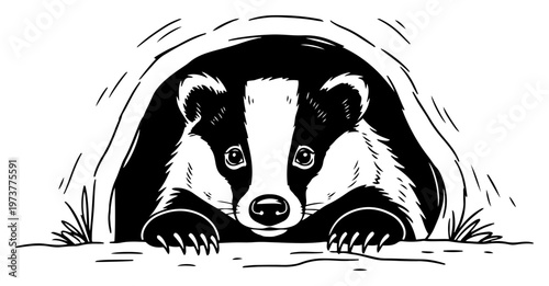 Quadro su tela Badger peeking out from underground burrow in hand drawn sketch style