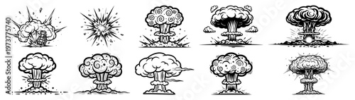 Canvastavla Nuclear explosion mushroom clouds and atomic bomb blast set hand drawn sketch st
