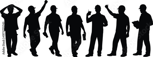 Construction workers silhouettes set with different poses builders industrial labor team safety helmet vector illustration black design concept