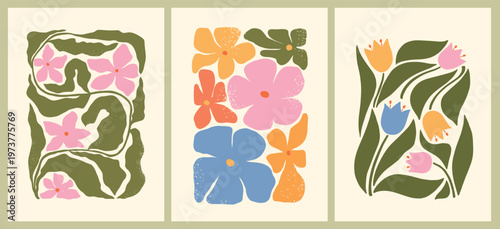 Groovy floral wallpaper collection decorated with abstract flowers and leaves. Good for posters, prints, banners, cards, stationery, backgrounds, etc. EPS 10