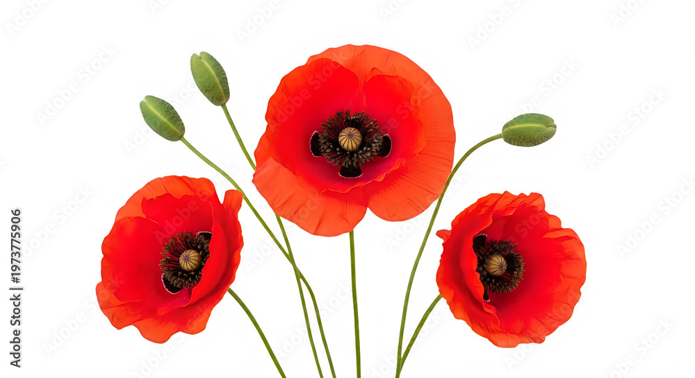 Fototapeta premium Vibrant red poppy flowers isolated on transparent background with green stems and buds isolated and transparent background