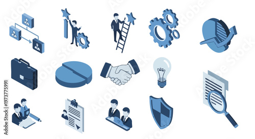 Photos A set of isometric business icons in shades of blue, illustrating themes like leadership, strategy, growth, collaboration, and data analysis