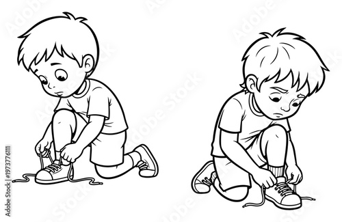 Boy tying shoelaces on his sneakers hand drawn doodle style