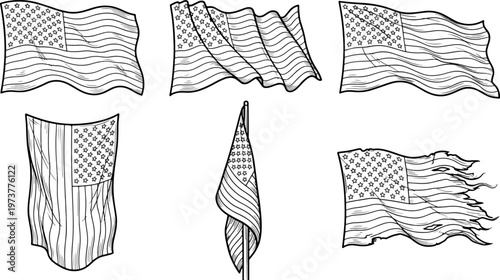 A set of six hand-drawn black and white american flags depicted in various waving, hanging, and tattered states on a clean white background.