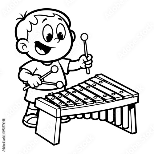 Boy playing xylophone musical instrument hand drawn doodle style