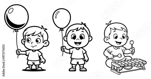 Little boys playing with balloons and xylophone musical instrument in cartoon line art style