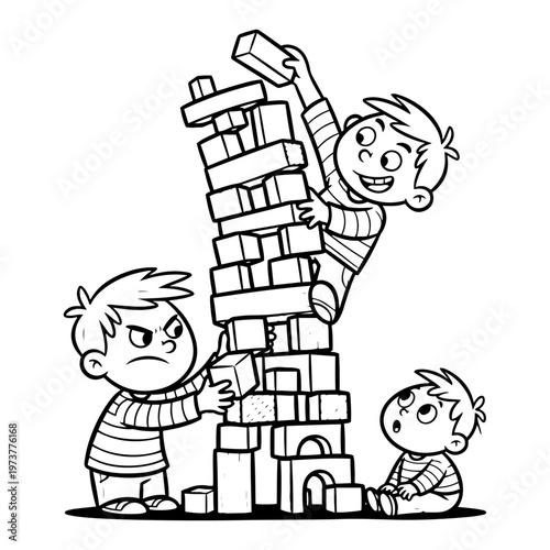 Little children building tall tower with wooden blocks in cartoon line art style