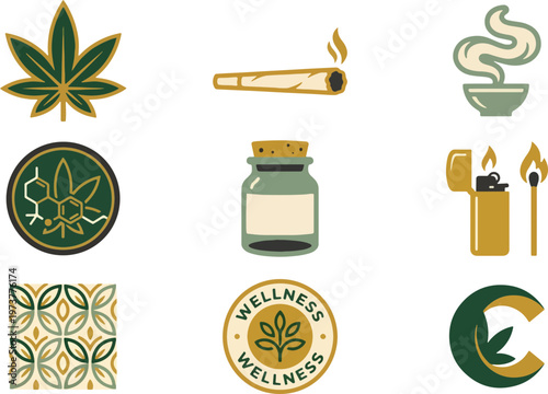 Clean flat vector icons of cannabis and marijuana in green and gold, illustrating wellness, smoking, and medicinal use in a grid layout.