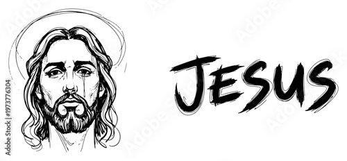 Jesus Christ portrait with halo and handwritten brush script name in hand drawn sketch style