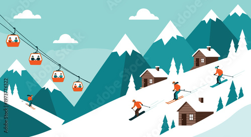 Winter ski resort landscape with people skiing down snowy mountain slopes near wooden cabins and orange cable cars in a clear blue sky.