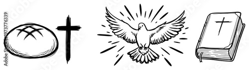 Sacred christian symbols with communion bread cross holy spirit dove and bible in hand drawn sketch style