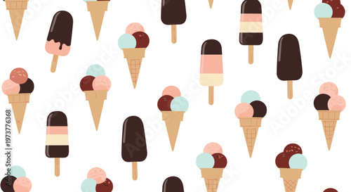 Delicious ice cream seamless pattern featuring various flavors of scoops in waffle cones and chocolate covered popsicles on white.
