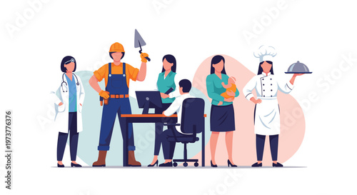 Diverse group of professionals including a doctor and construction worker and chef and office worker representing different careers.