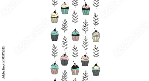 Vertical seamless pattern with rows of different flavored cupcakes and simple leaf branches in a minimalist hand drawn illustration.