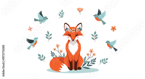 Graceful red fox sitting peacefully in a nature setting with a flower crown and surrounded by small birds and delicate floral sprays.