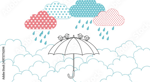Whimsical rainy day illustration showing little birds sitting on an umbrella under patterned clouds with falling water droplets.