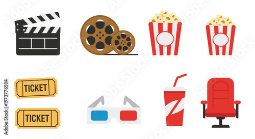 Collection of flat cinema icons includes movie tickets popcorn buckets a red chair 3d glasses and a film reel set.