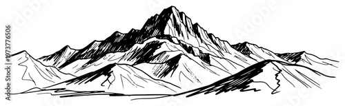 Mountain range with high peaks and ridges hand drawn sketch style