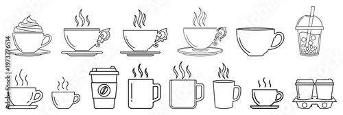 Coffee cups and mugs collection with various hot drinks hand drawn doodle style