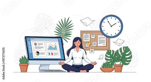 Professional woman practices mindfulness by meditating at her office desk surrounded by tropical potted plants.