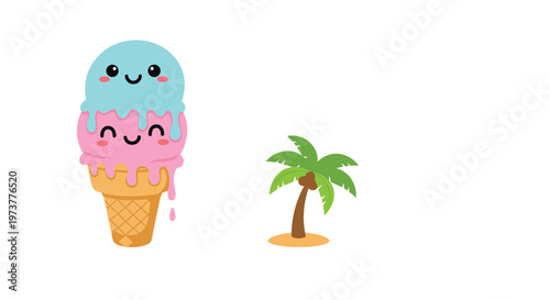 Kawaii style illustration features a happy double scoop ice cream cone next to a small cartoonish palm tree icon.