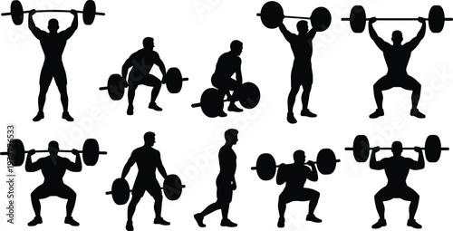 Weightlifting silhouettes set with athletes performing barbell exercises squat deadlift clean press strength training fitness vector illustration collection