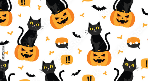 Spooky halloween seamless pattern features black cats sitting on carved jack o lanterns with flying bats and icons.