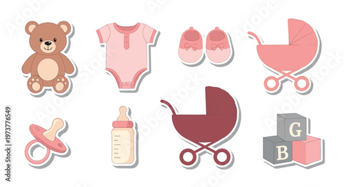 Collection of baby shower stickers includes a teddy bear onesie strollers milk bottle and building blocks set.