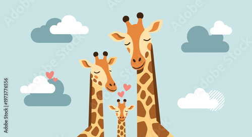 Loving giraffe family with a father mother and baby stand together under a blue sky with fluffy white clouds.