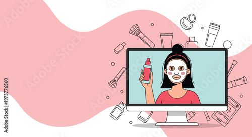 Skincare enthusiast performs a beauty routine during a live video stream on a computer screen with makeup icons.
