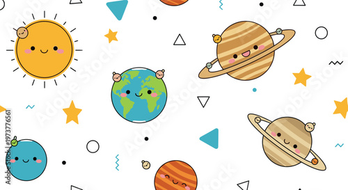 Kawaii solar system seamless pattern features the sun planets and stars with cute faces on a white background.