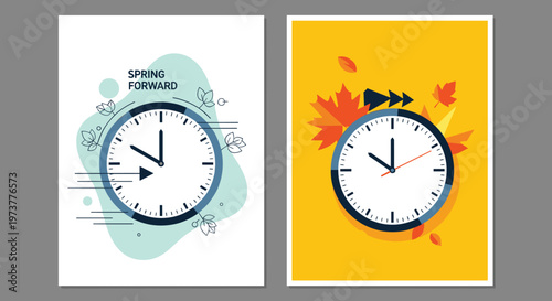 Comparison of daylight saving time posters show spring forward and fall back clock changes with seasonal leaves.