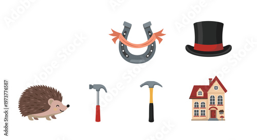 Set of diverse flat icons includes a cute hedgehog horseshoe top hat hammers and a detailed residential house.