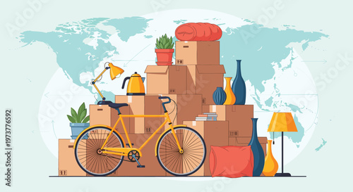 Moving day concept features a bicycle and household items stacked in front of cardboard boxes and a world map.