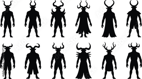 Set of horned demon silhouettes, fantasy warrior characters, mythological creatures, dark villain figures, vector illustration isolated on white background design