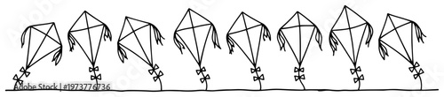 Kites line art row for festive border design in hand drawn sketch style