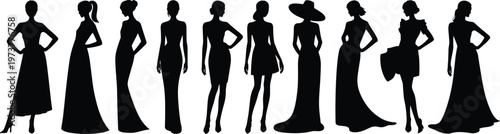 Elegant women silhouettes in fashion dresses, female models posing in stylish outfits, glamour style figures vector illustration isolated set