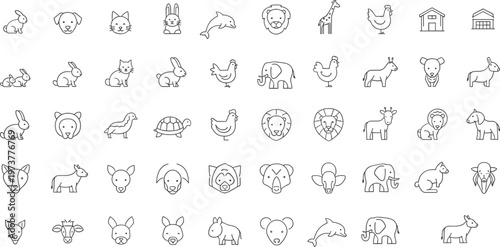 Cute animal outline icons collection featuring rabbit dog cat elephant lion giraffe dolphin turtle farm and wild animals vector set