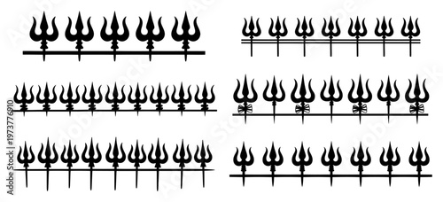 Trishula trident symbol silhouettes in horizontal rows in minimalist graphic style