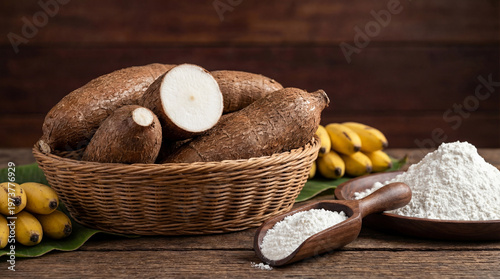 A rustic wicker basket filled with whole and halved cassava roots alongside bananas and bowls of cassava flour on a wooden table