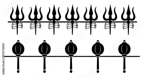 Hindu religious symbols featuring trishula tridents and gada maces in silhouette style